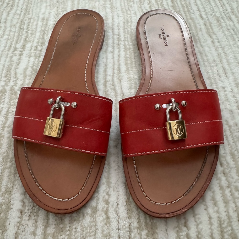 Louis Vuitton Lock It Leather Slides Mules Red size 38